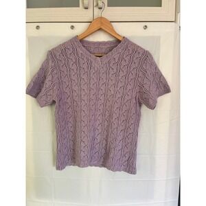 Lavender Purple Pointelle Knit V-Neck Short Sleeve Sweater Top